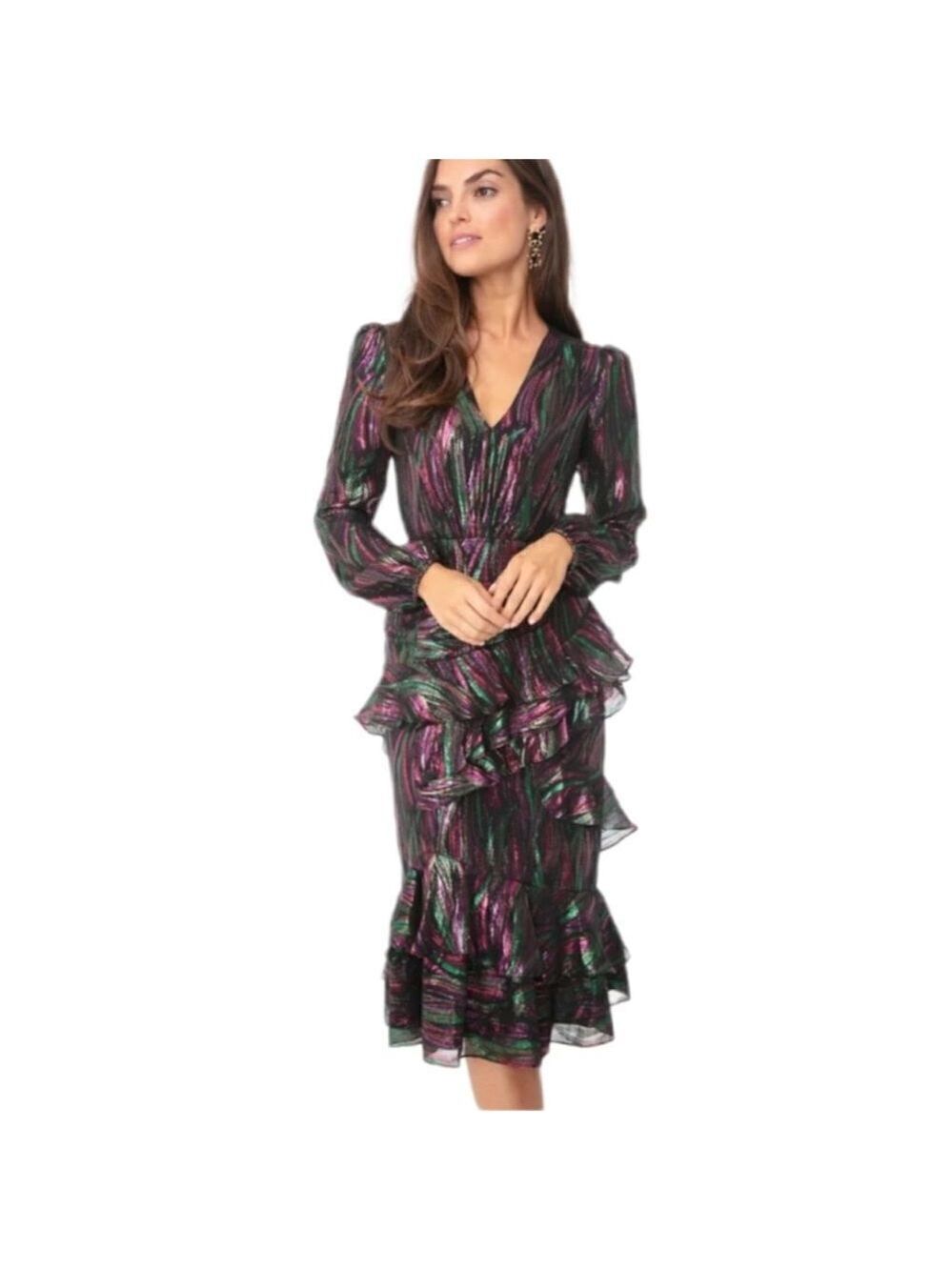 NEW Saloni Alya Black Rainbow Oilspill Silk Metallic Midi Dress Size 4 - Picture 15 of 16